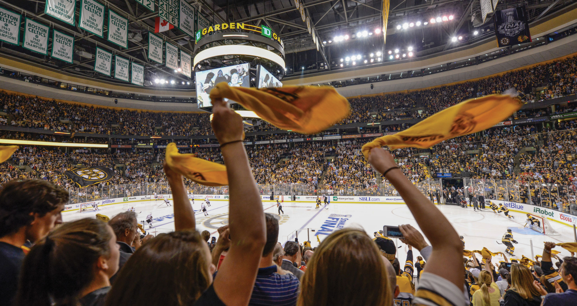 Fans at a Boston Bruins game at TD Garden.