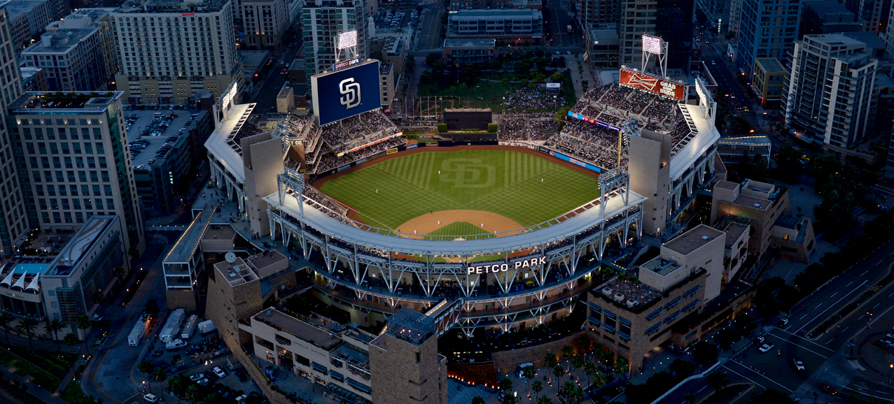 Aerial image of Petco Park with Scoreboard